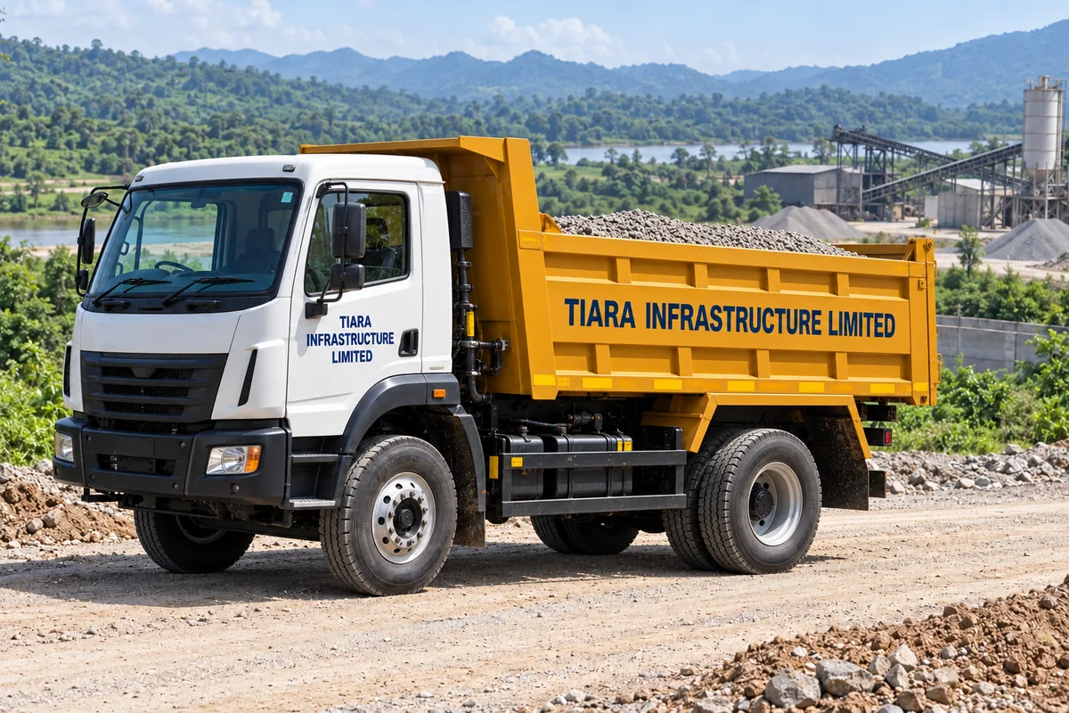 AI-generated illustration of a two-axle road tipper truck carrying aggregate at an Indian construction site
