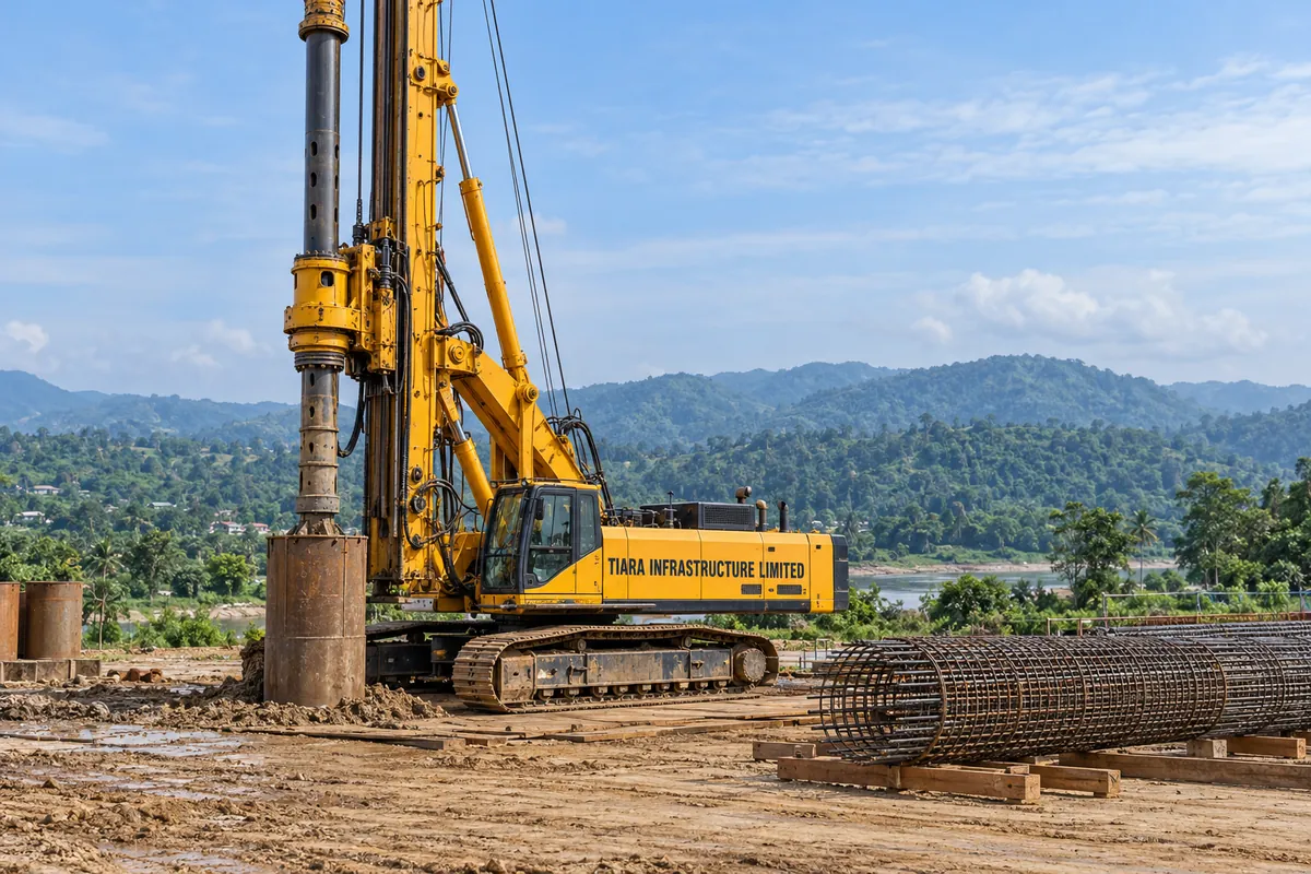 AI-generated illustration of a crawler-mounted rotary bored piling rig working at a steel casing with reinforcement cages staged nearby