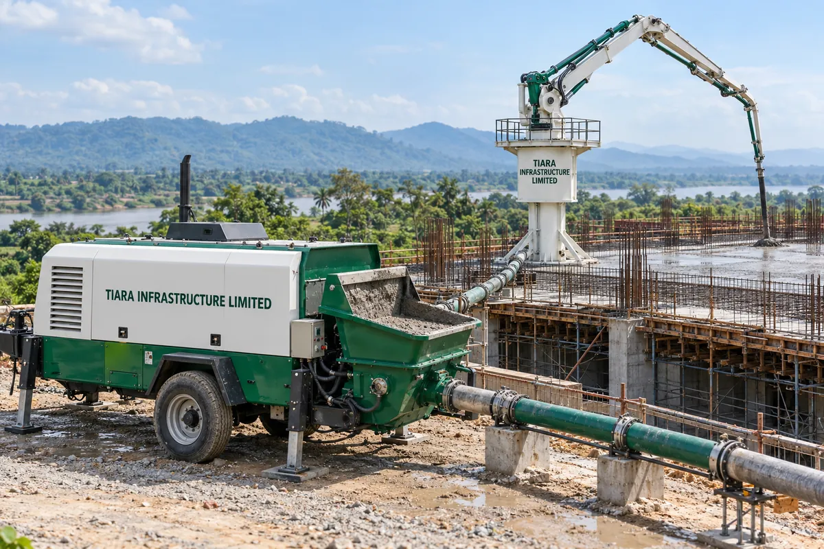 AI-generated illustration of a stationary concrete line pump and a separate concrete placing boom at a construction site