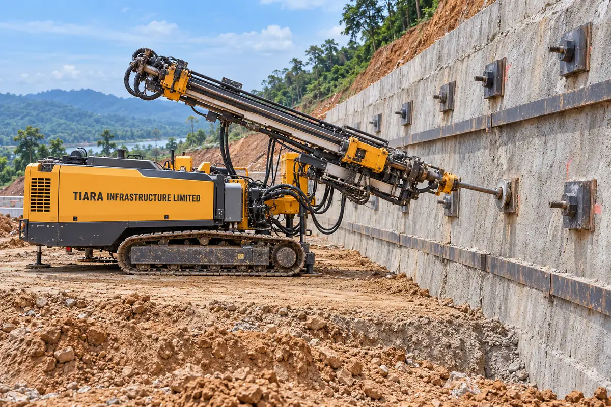 AI-generated illustration of a specialist ground anchor drilling rig working at an engineered retaining wall