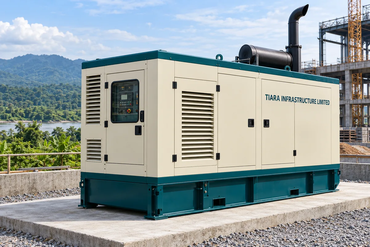 AI-generated illustration of an acoustic-enclosed diesel generator set at an Indian industrial construction site