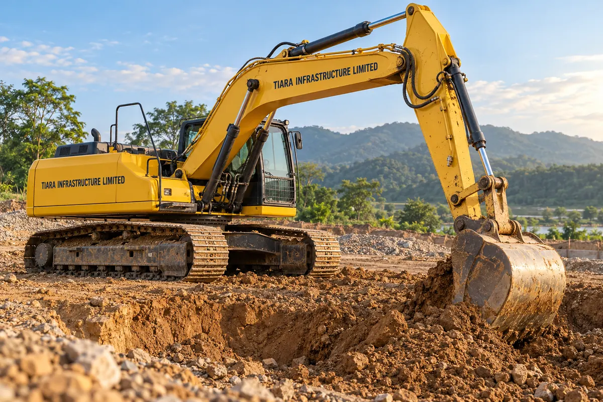 AI-generated illustration of a tracked hydraulic excavator with a digging bucket at an Indian earthwork construction site