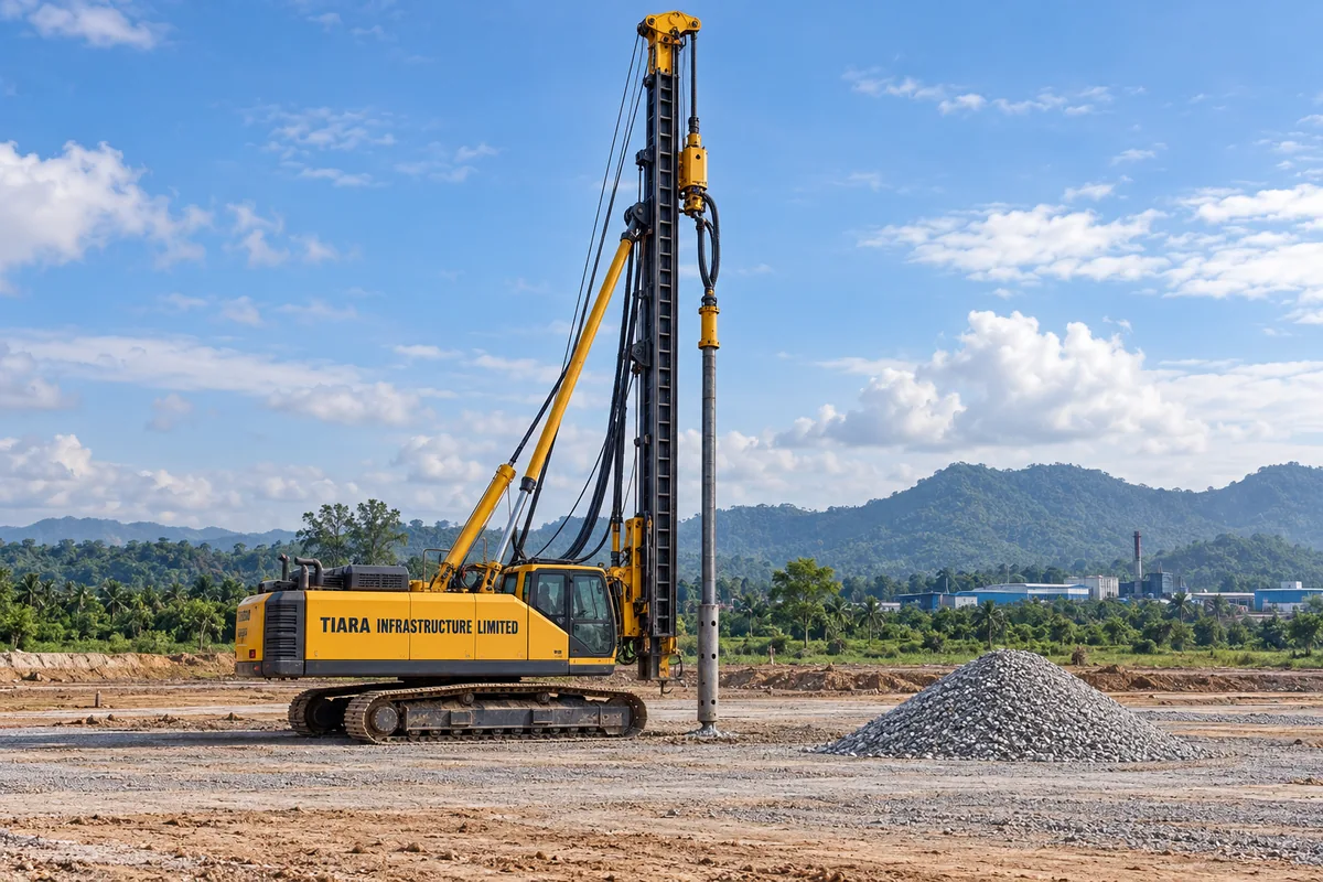 AI-generated illustration of a specialist ground improvement rig with a vertical probe and stone aggregate at a construction site