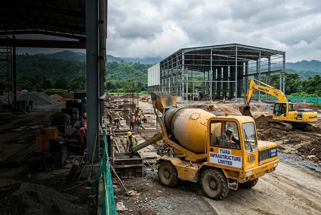 AI-generated illustration of a self loading concrete mixer and excavator at an industrial construction site