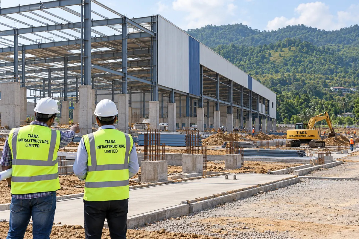 AI-generated illustration of a factory or warehouse under construction with steel framing and concrete foundation works