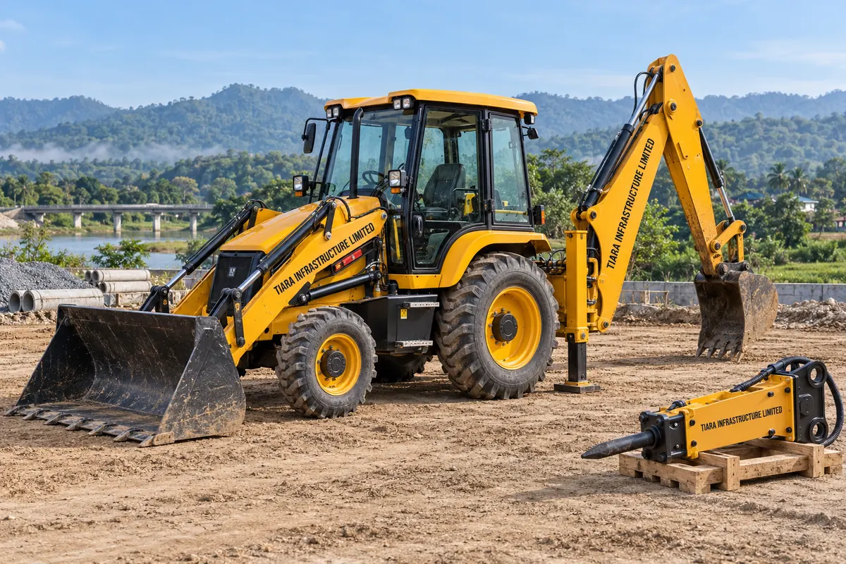 AI-generated illustration of a wheeled backhoe loader with front bucket, rear digging arm and a detached breaker attachment