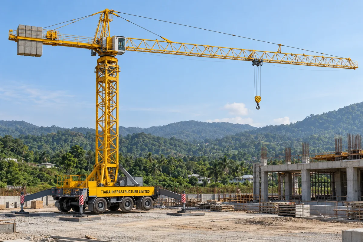 AI-generated illustration of a transportable tower crane with lattice jib deployed at an Indian building construction site