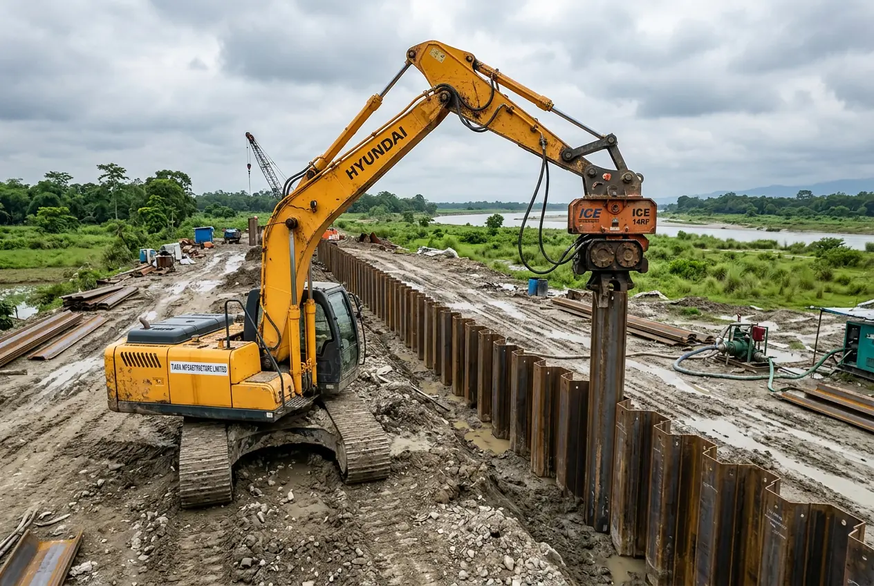 AI-generated illustration of a vibro hammer installing steel sheet piles