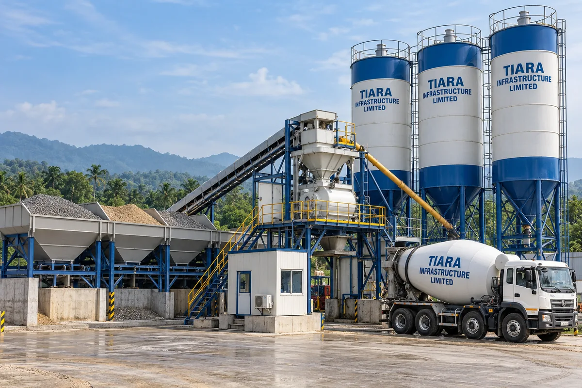 AI-generated illustration of a concrete batching plant with cement silos, aggregate bins and a transit mixer for Guwahati rental enquiries
