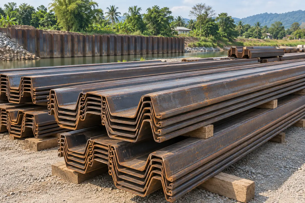 AI-generated illustration of stacked interlocking steel sheet pile sections resting on timber supports in a construction stockyard