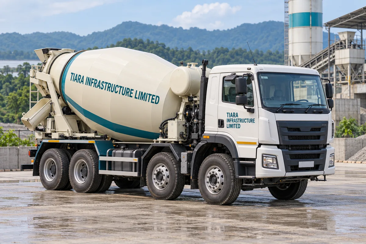 AI-generated illustration of a concrete transit mixer truck with a rotating drum at an Indian construction site