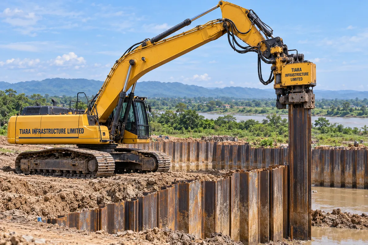 AI-generated illustration of an excavator-mounted hydraulic vibro hammer gripping a vertical steel sheet pile at a construction site